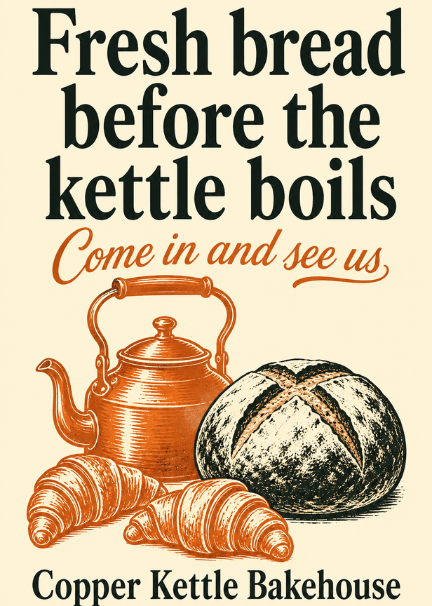A cream leaflet for a bakery, with a copper kettle, a crusty loaf and two croissants. An example for Copper Kettle Bakehouse, a fictional bakery.