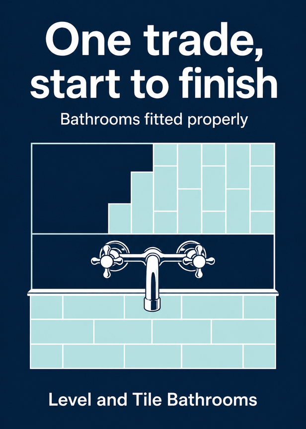 A deep blue leaflet for a bathroom fitter, with a tiled wall and a tap. An example for Level and Tile Bathrooms, a fictional bathroom fitter.