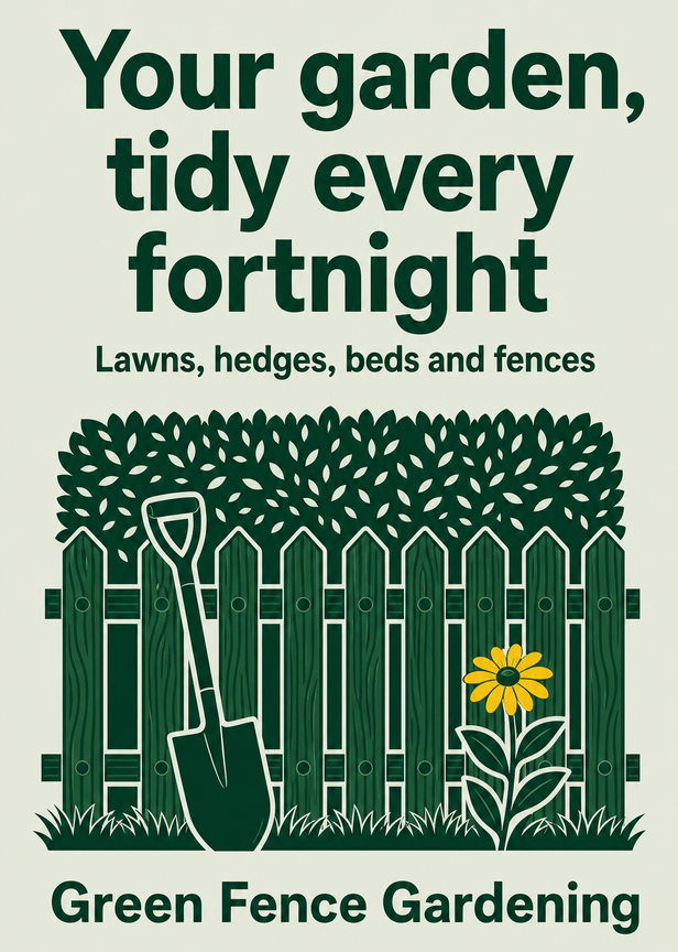 A green leaflet for a gardener, with a fence, a spade and a hedge. An example for Green Fence Gardening, a fictional gardener.