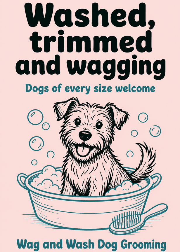A pink leaflet for a dog groomer, with a terrier sitting in a tub of bubbles. An example for Wag and Wash Dog Grooming, a fictional dog groomer.